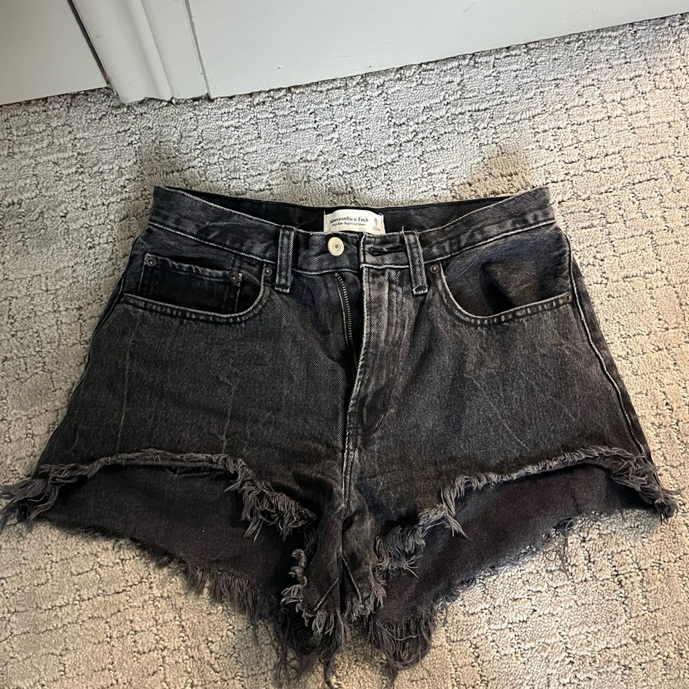 Abercrombie Curve Love Mid Rise Black Acid Denim Shorts